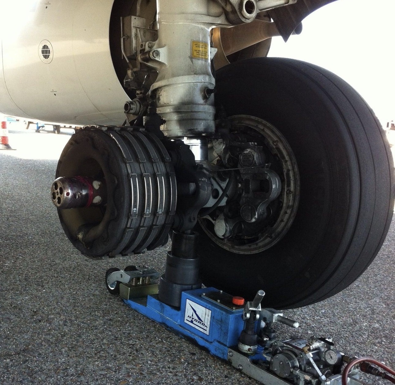 Wide view of an aircraft landing gear and brake installation